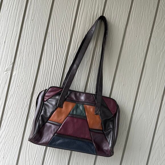 VTG 80s Genuine Leather Patchwork Tote Shoulder Bag Brown Multi Boho - Picture 9 of 11